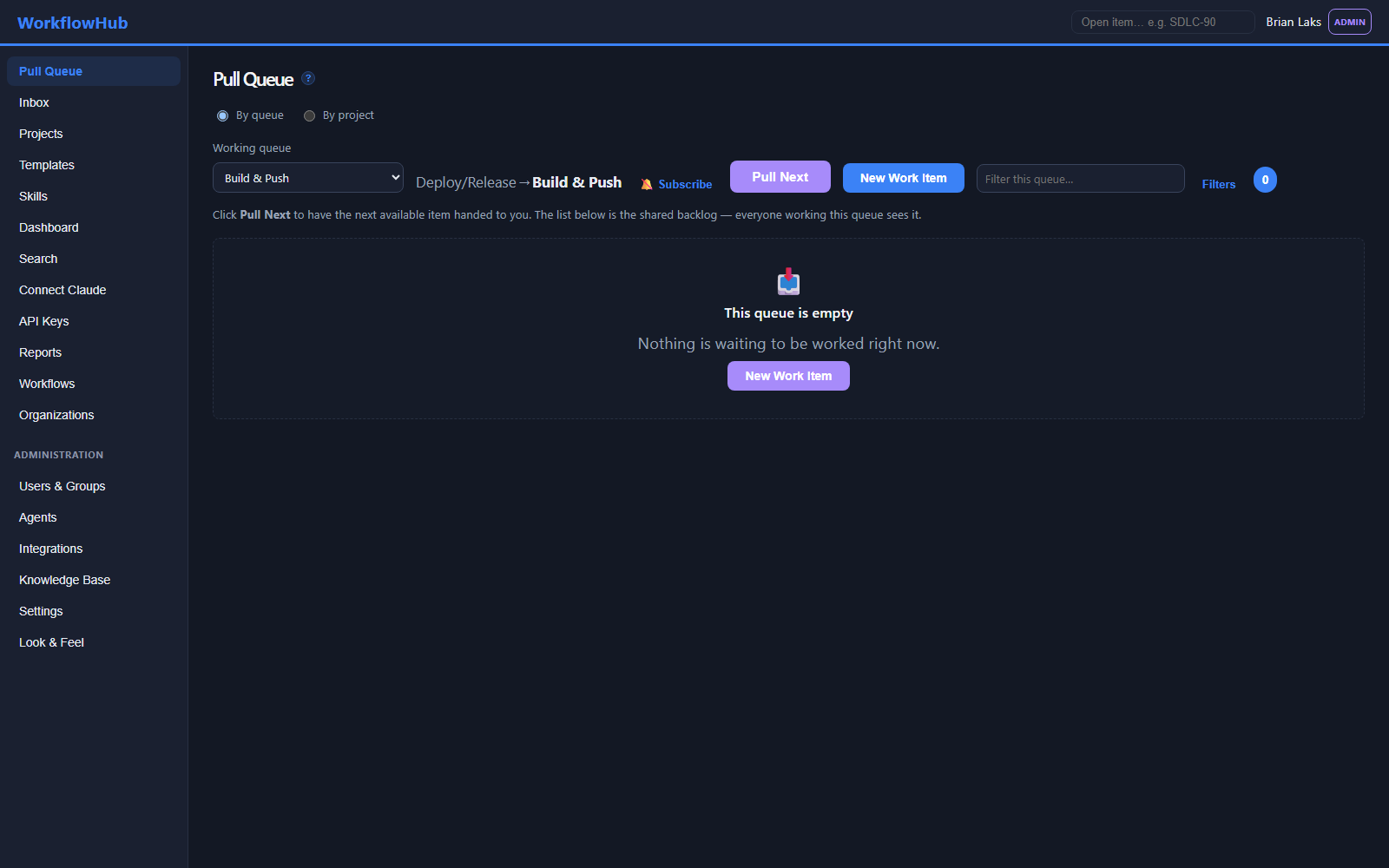 The pull queue listing workflows and queues with a working-queue picker