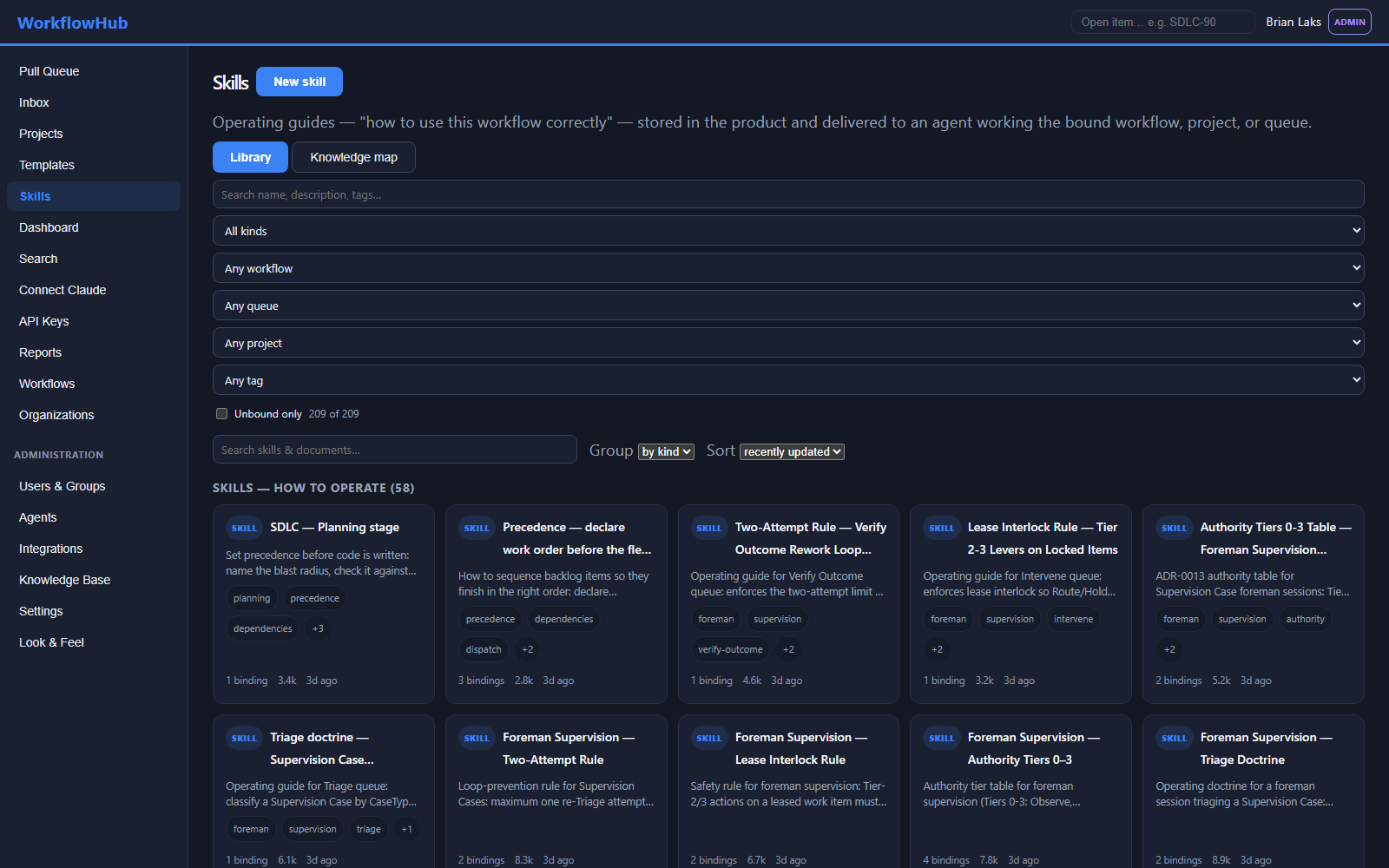 The skills and knowledge library: a searchable card gallery of operating guides and documents with tags and bindings
