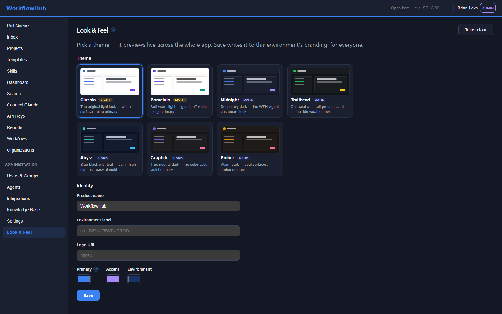 Look and Feel settings showing seven one-click theme presets with live previews